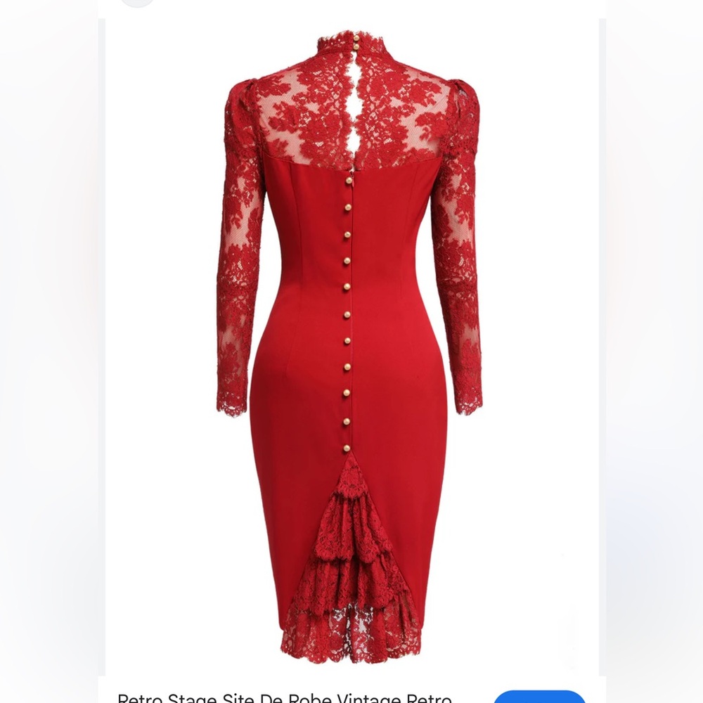 Retro Chic Elegant Red Lace Long Sleeve Dress